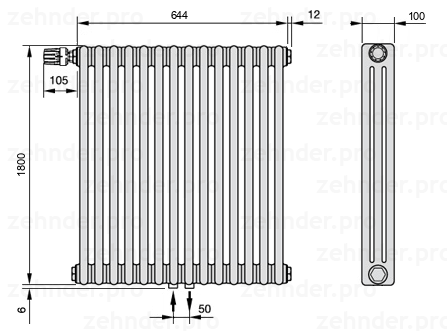 Схема (чертеж) Радиатор Zehnder Charleston 3180/14 №V007 Белый глянцевый RAL 9016